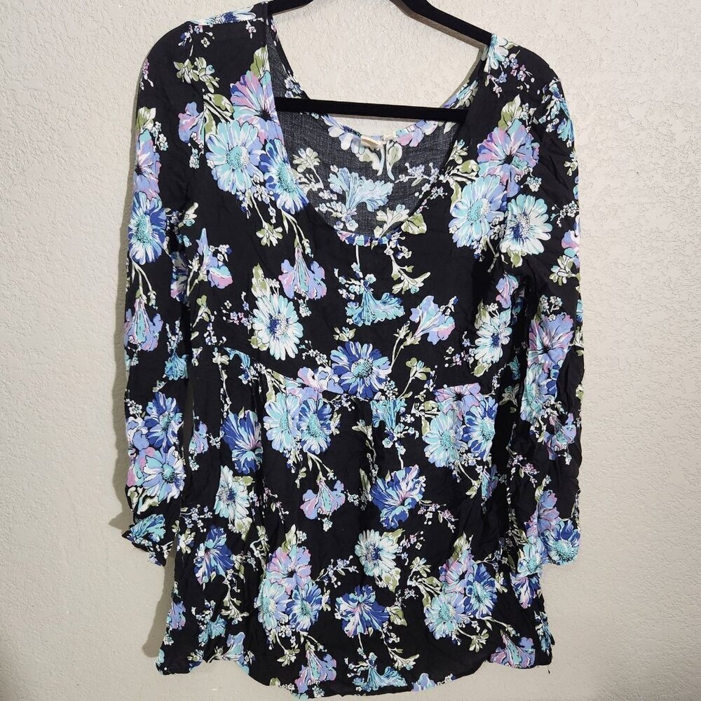 Urban Renewal Blouse Womens Large Black Blue Floral Boho Babydoll Whimsigoth